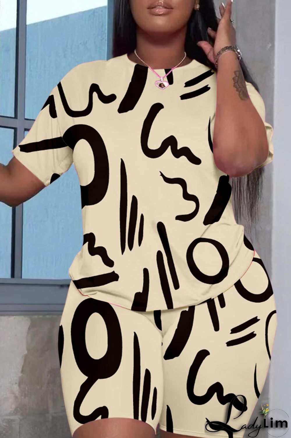 Cyan Casual Print Basic O Neck Short Sleeve Two Pieces