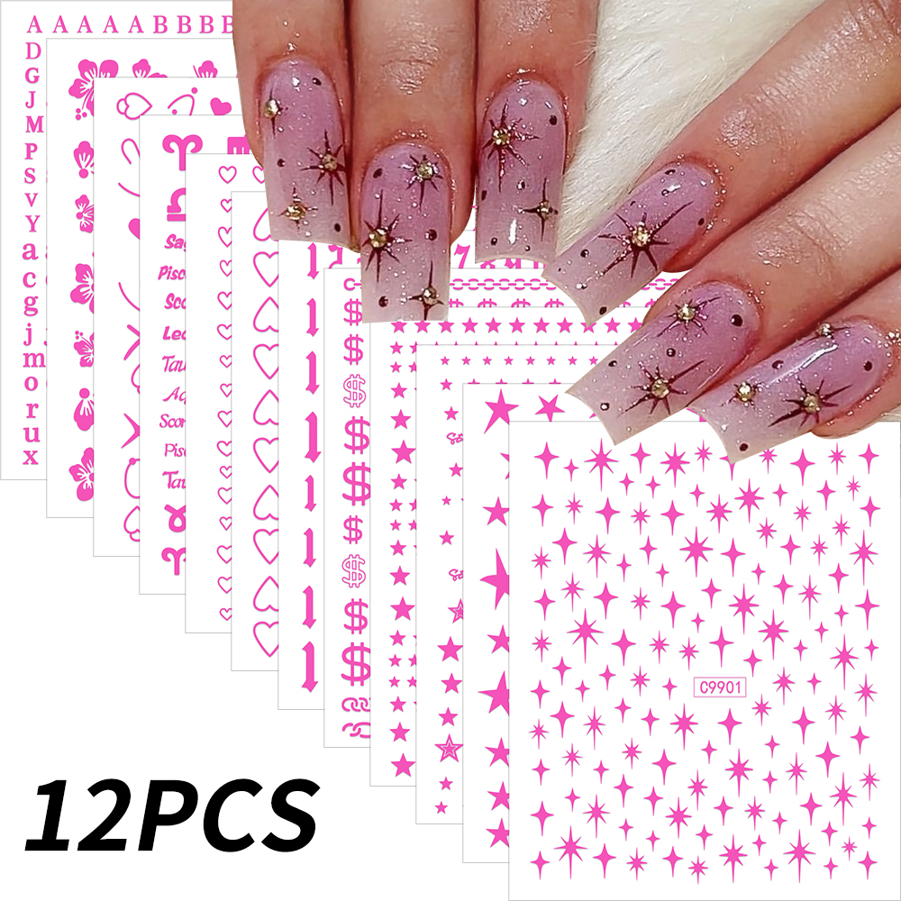Bonusgor 12Pc Constellation Nail Stickers Pisces Aries Scorpio Alphabet Symbol 3D Bronzing Nail Art Sticker Self Adhesive Manicure Decals