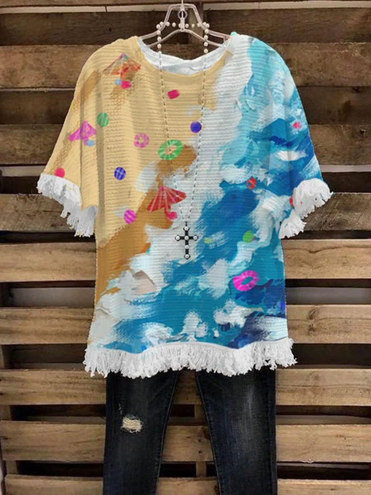 Women's Casual Beach Scenery Printed Half-sleeve Round Neck T-shirt