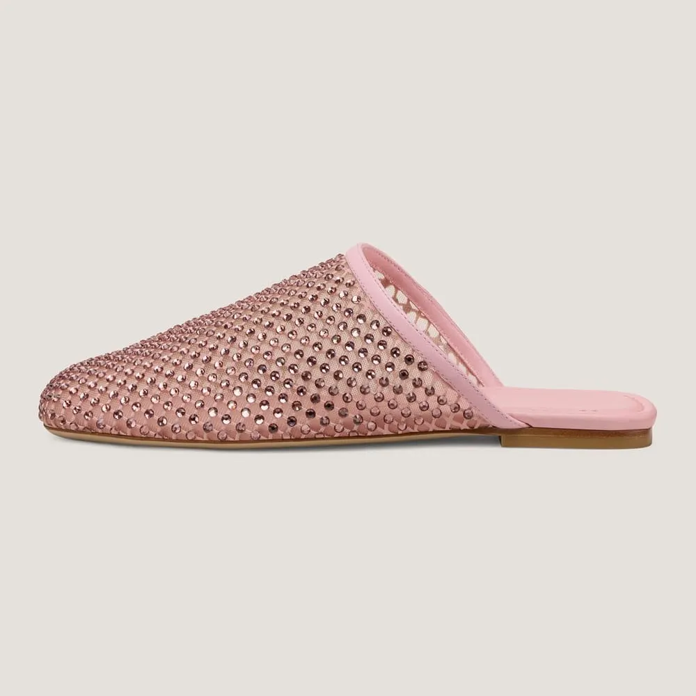 Pink Mesh Flat Square Toe Slip On Rhinestone Mules for Women