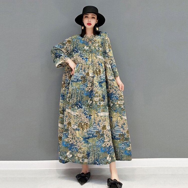 Temperament Round Neck Lace-up Landscape Painting Print Long Sleeve Loose Dress
