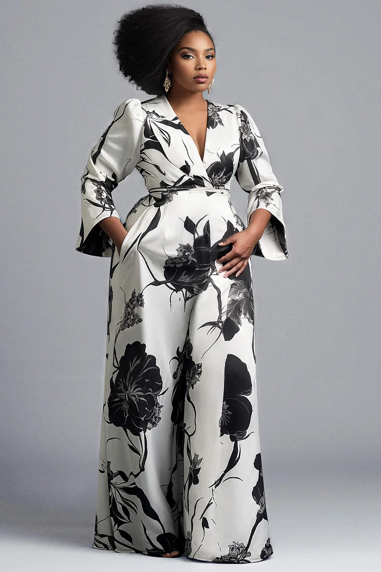 Xpluswear Design Plus Size Business Casual Black Floral V Neck 3/4 Sleeve Pocket Elegant Wide Leg Satin Jumpsuits [Pre-Order] 2024 - Xpluswear