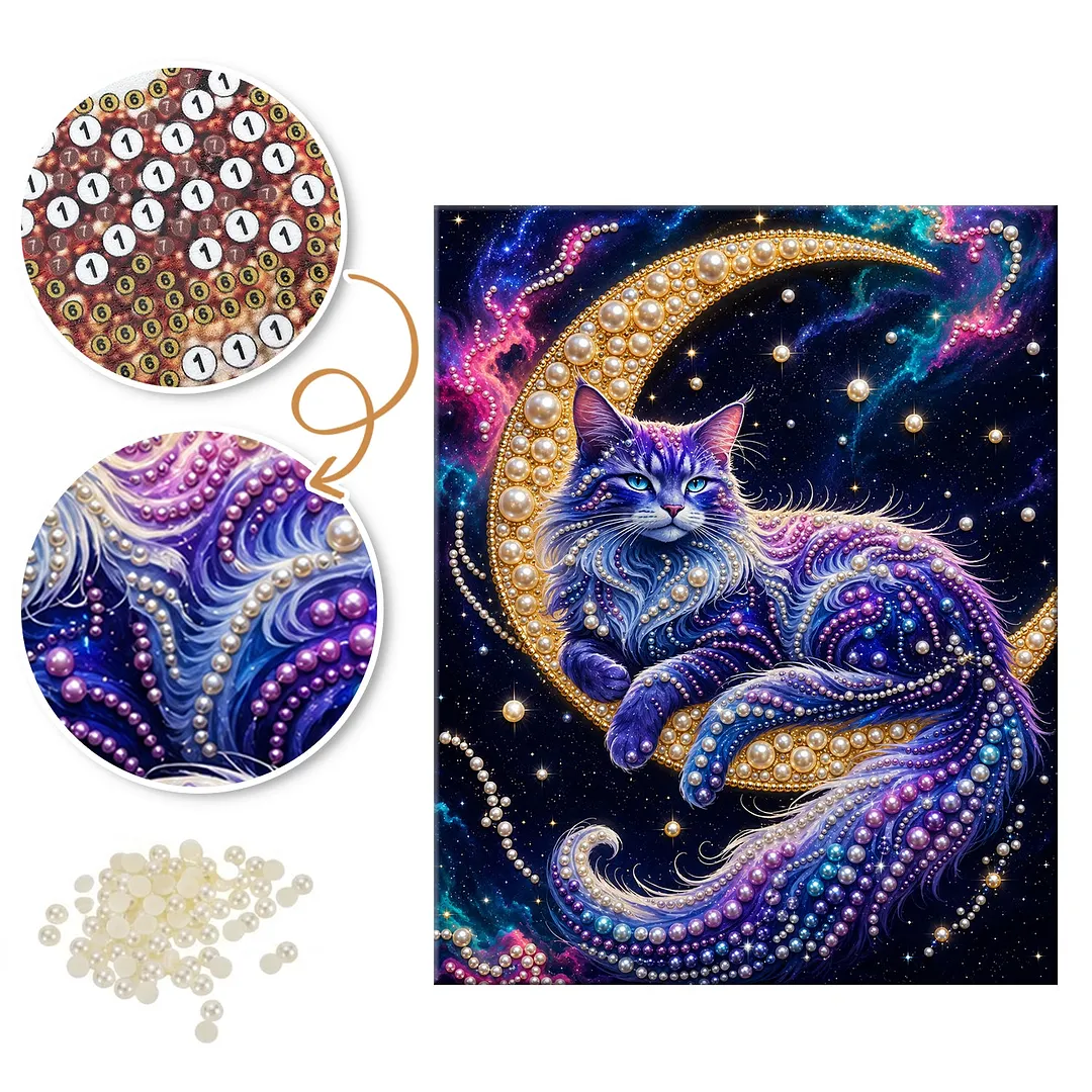 Crescent Moon Blue Cat - Pearls Painting