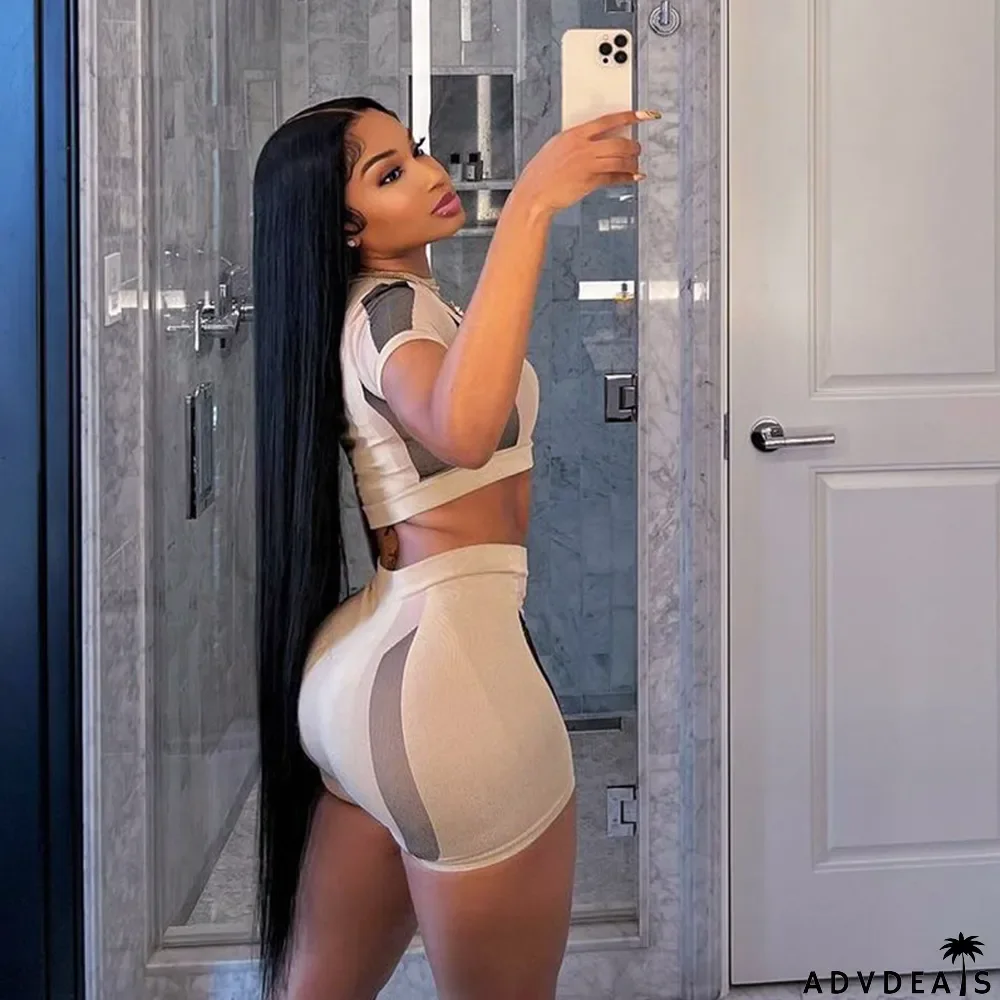 Women Summer Color Block Crop T-Shirt and Shorts Two-Piece Set