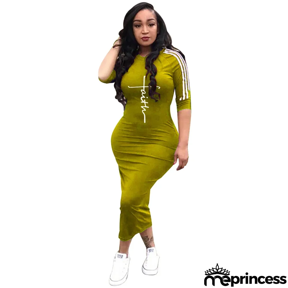 Spring Women Fashion White Striped Print Solid Color Dress