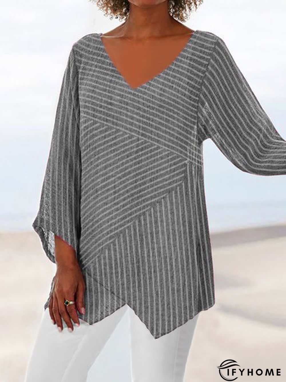Striped Long Sleeve V Neck Cotton-Blend Tops | IFYHOME