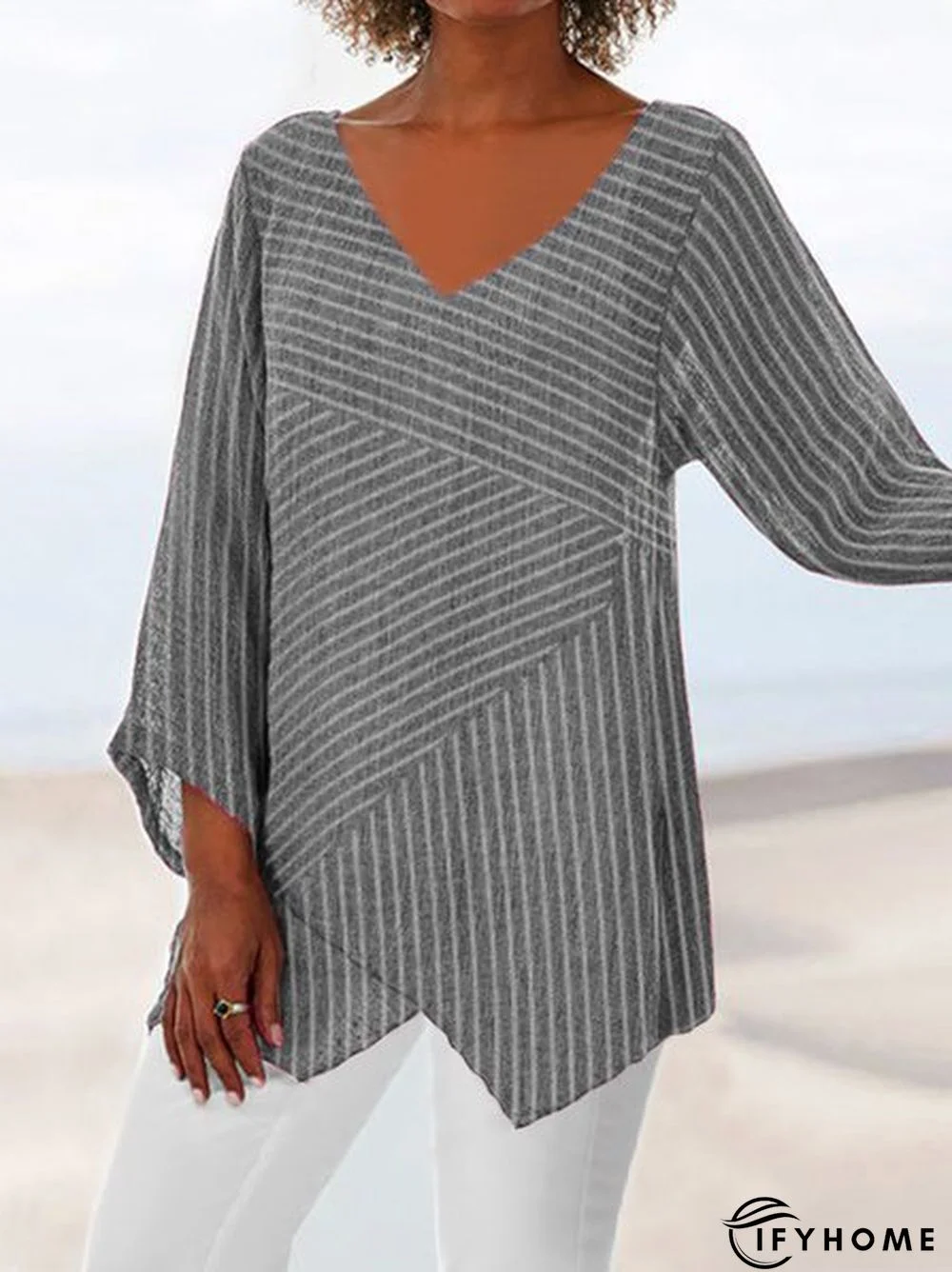 Striped Long Sleeve V Neck Cotton-Blend Tops | IFYHOME