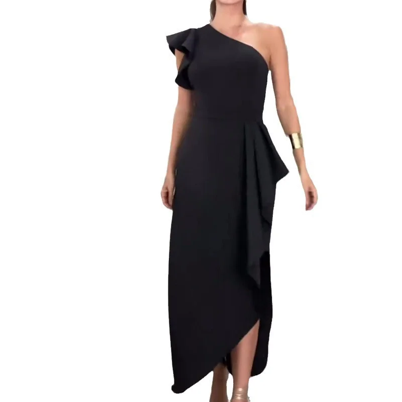 Toloer Toloer 2023 New Fashion Solid Color Diagonal Lace Sleeve Slit Sexy Skirt-Outfit Ideas