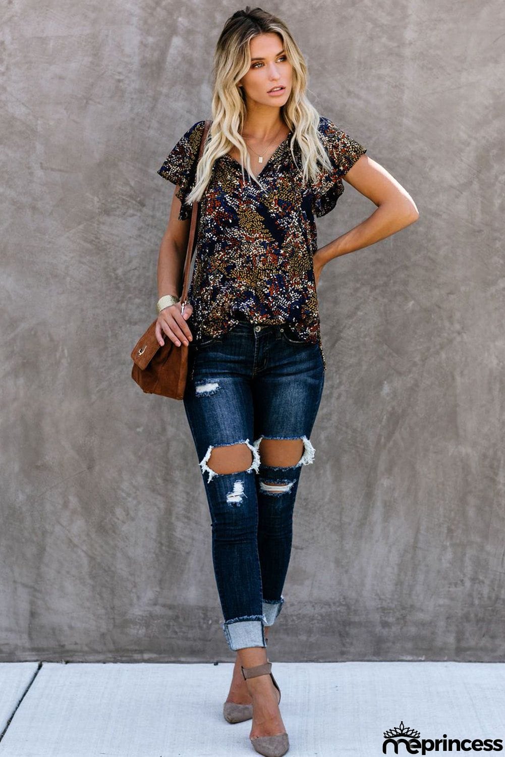 V-neck Short Sleeve Fashion Print Fantasy Fluttering Blouse