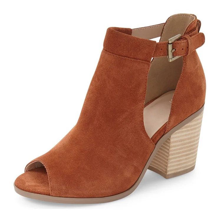 FSJ Tan Vegan Suede Peep Toe Booties Cut Out Block Heel Ankle Boots |FSJ Shoes