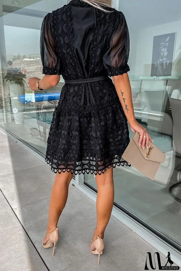 MidiSono - Crush on You Crochet Lace Bow Belt Mini Dress