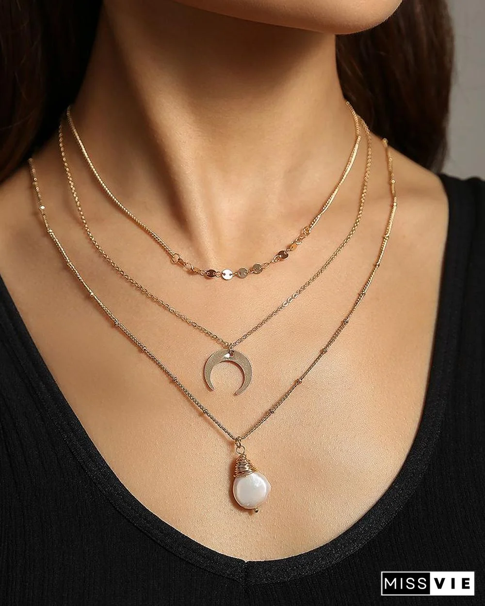 3PCS Faux Pearl & Moon Pendant Chain Necklace