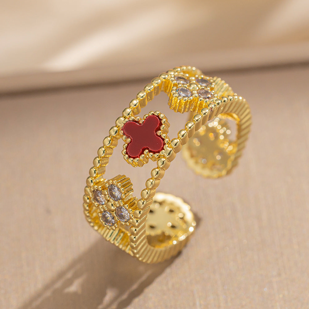Ring Niche Four-Leaf Clover Zircon Ring Female Retro Open Adjustable Ring
