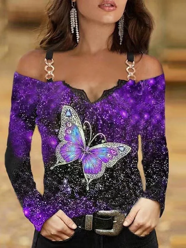 Women's Blouse Floral Butterfly Printed Off-the-shoulder V-neck Casual Streetwear Tops