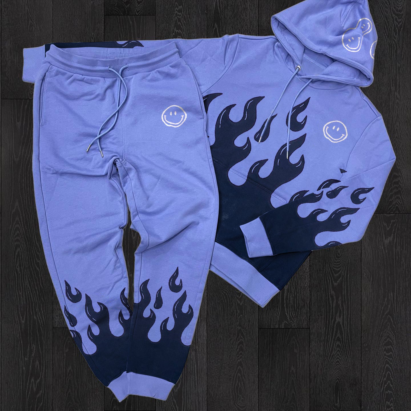 Flame Smiley Print Casual Hoodie Set