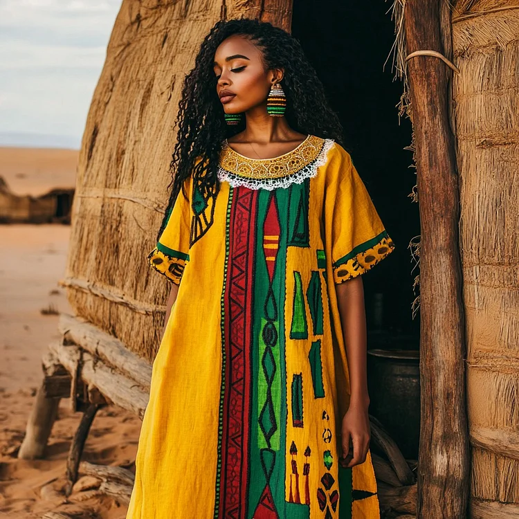 Vintage Tribal African Geometry Lace Art Print Linen Dress