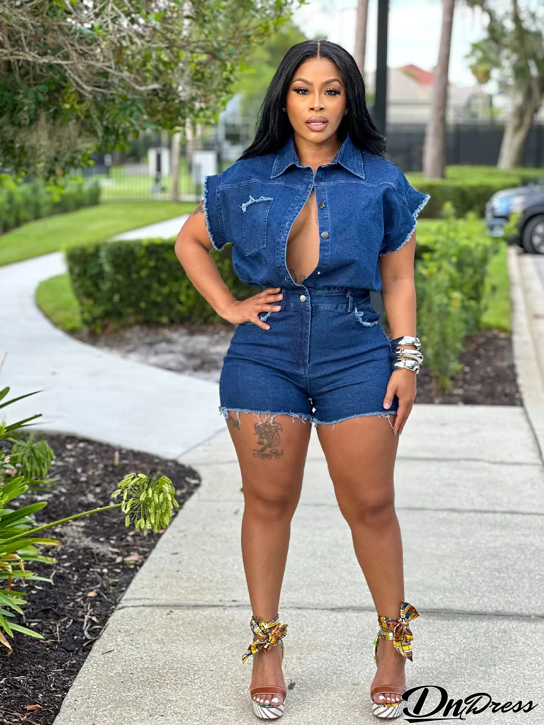 Women summer street stretch denim jumpsuit