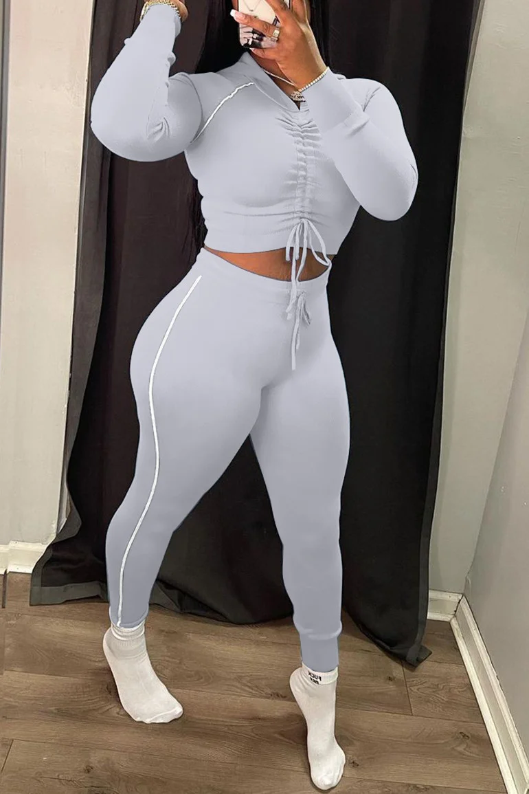 Grey Casual Sportswear Solid Draw String Frenulum Hooded Collar Long Sleeve Two Pieces | EGEMISS