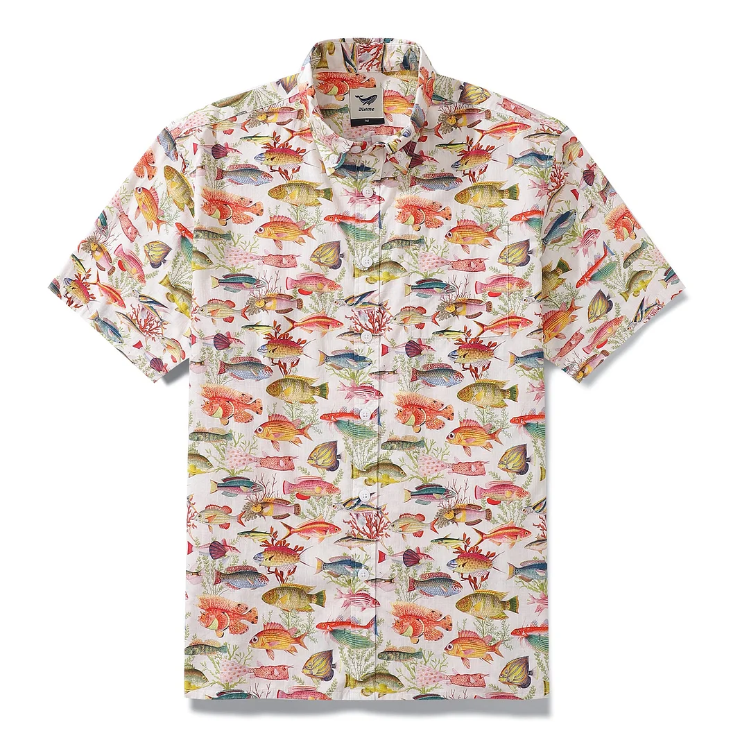 Men's Hawaiian Shirt Sea Ocean Fish Print Cotton Button-down Short Sleeve Aloha Shirt