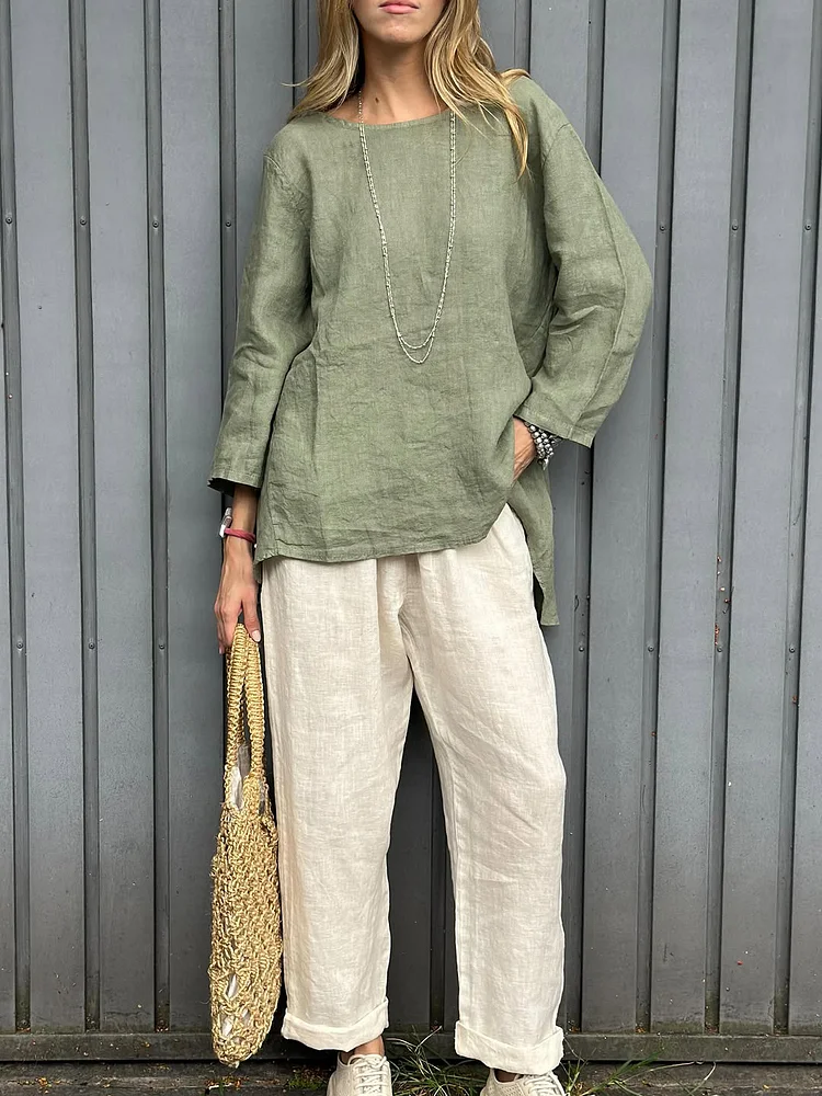 Linen Long Sleeve Crewneck Top