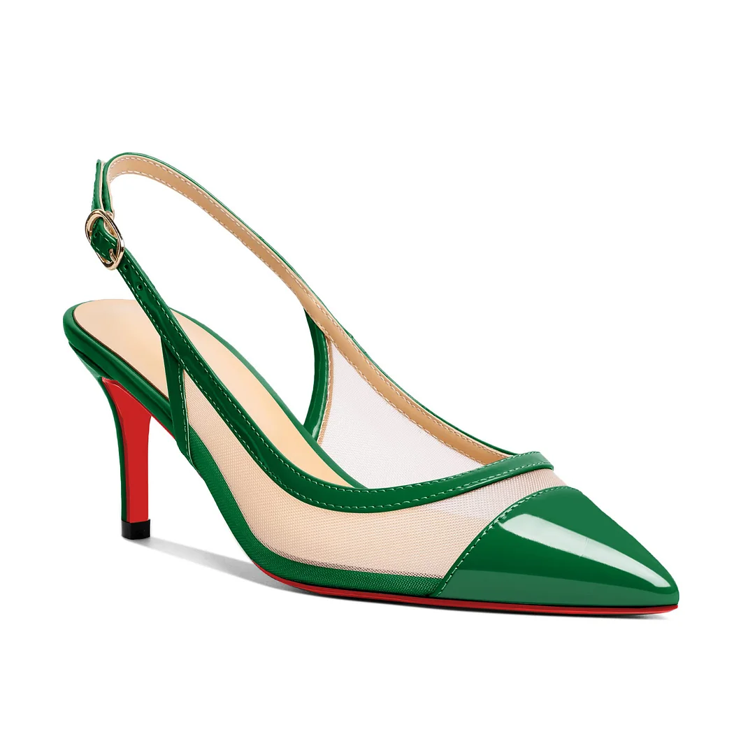 65mm Women's Pointed Toe Kitten Heel Ankle Buckle Pumps Mesh Red Bottom Patent Shoes-MERUMOTE