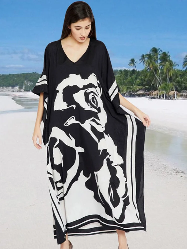 Fitshinling Print Floral Holiday Long Dress Beach Wear Oversized Batwing Sleeve Loose Cover-Up Boho V Neck Pareos Women 2020 New