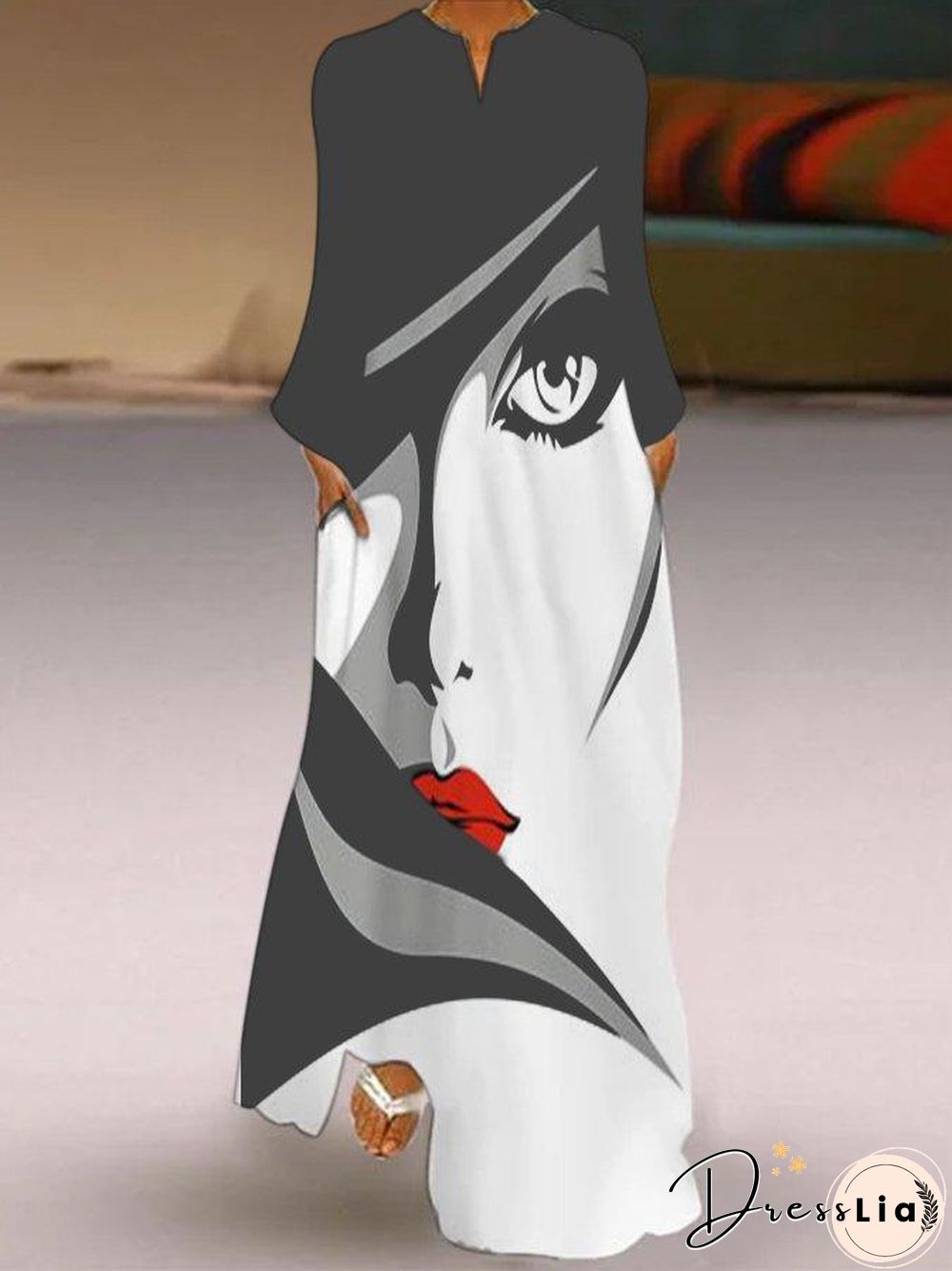 Elegant Face Print Long Sleeve Maxi Dress