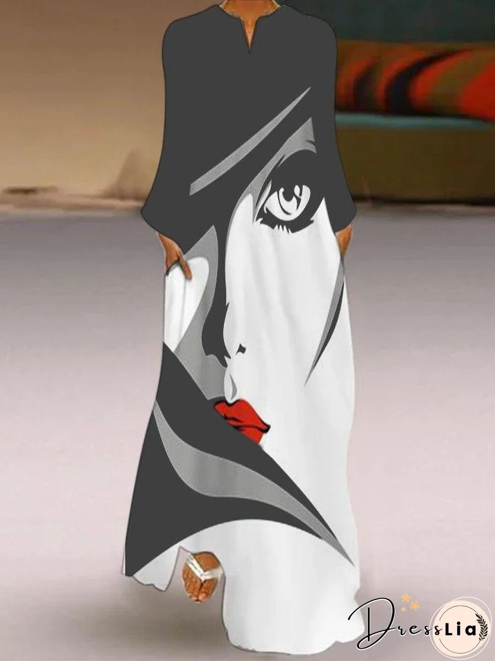 Elegant Face Print Long Sleeve Maxi Dress