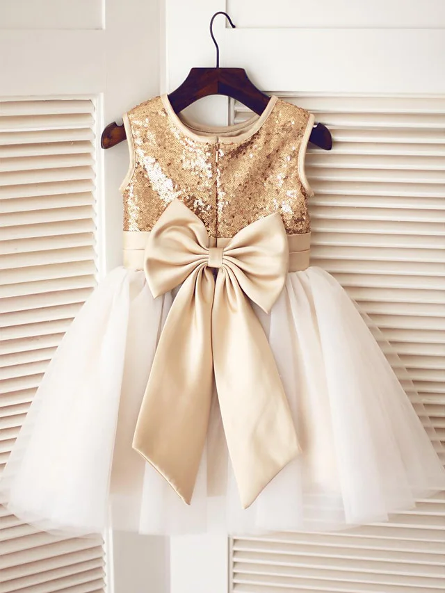 Bellasprom Sleeveless Jewel A-Line Knee Length Flower Girl Dress Tulle  With Bow Sequins