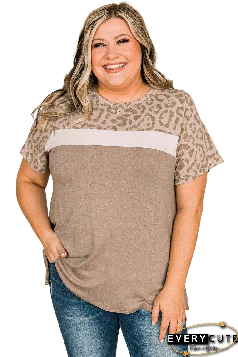 Khaki Leopard Yoke Color Block Plus Size Top