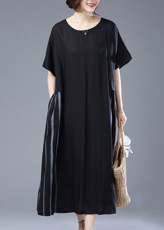 VCSHOES Loose Black O Neck Pockets Patchwork Cotton Long Dress Summer