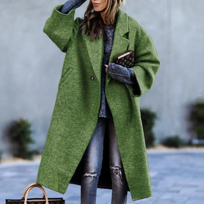 Uveng Uveng And Winter Long Coat Color Temperament Commute Without Belt Collar Loose Type Green Coat Woman