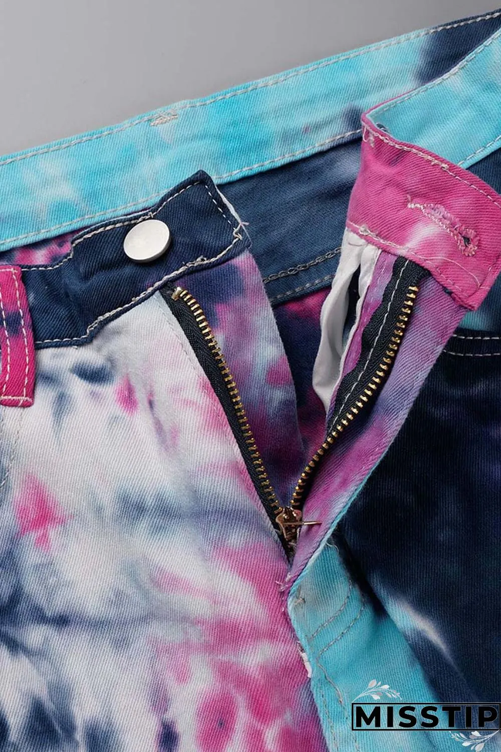 Deep Blue Casual Tie Dye Ripped Turndown Collar Long Sleeve Two Pieces