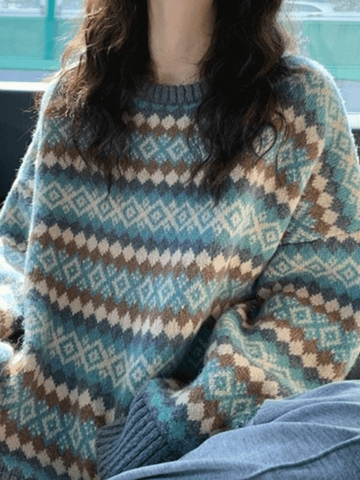 Brownm Vintage Jacquard Crew Neck Sweater