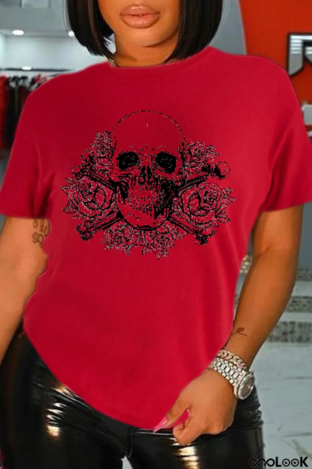Red Casual Print Patchwork Skull O Neck T-Shirts