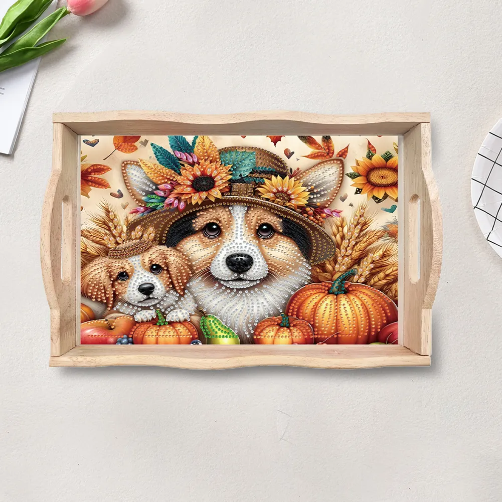 5D DIY Wooden Autumn Dog Diamond Painting Serving Tray for Home Decor