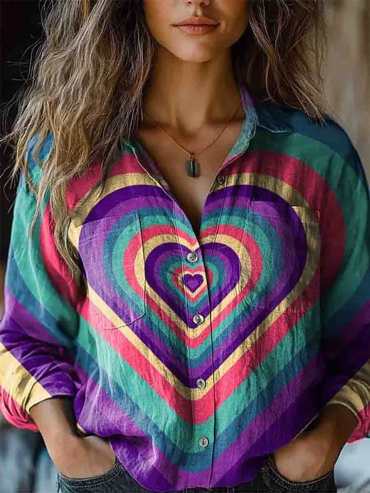Women's Heart Pattern Printed Casual Long Sleeve Comfortable Cotton Shirt