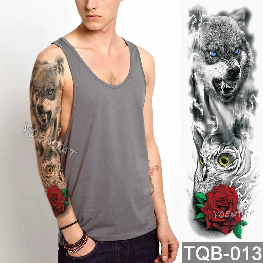 Large Arm Sleeve Tattoo Lion Crown King Rose Waterproof Temporary Tatoo Sticker Wild Wolf Tiger Men Full Skull Totem Tatto