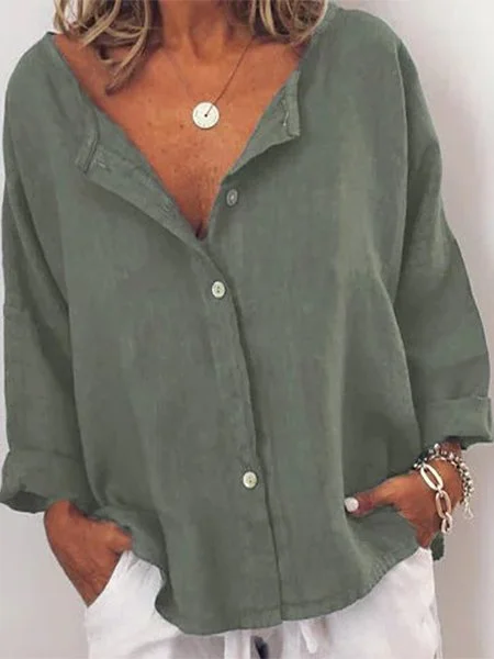 women's cotton and linen solid color loose shirt