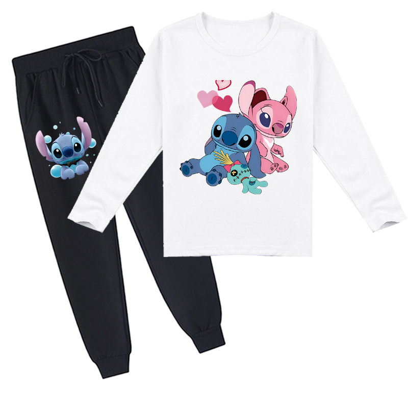 Mayoulove Stitch Cartoon Long-sleeved T-shirt and Trousers Set - Cute and Comfortable for Kids of All Ages-Mayoulove
