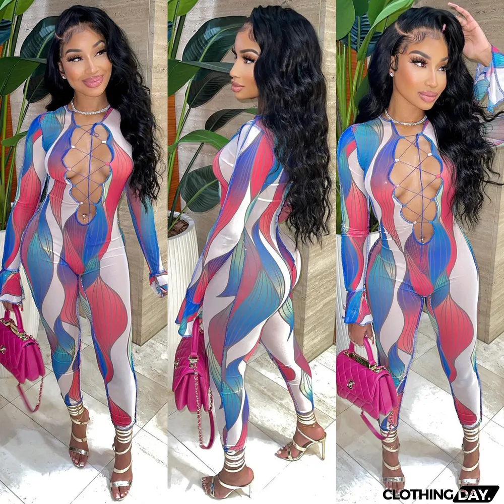 Women Fashion Print Cutout Sexy Jumpsuit