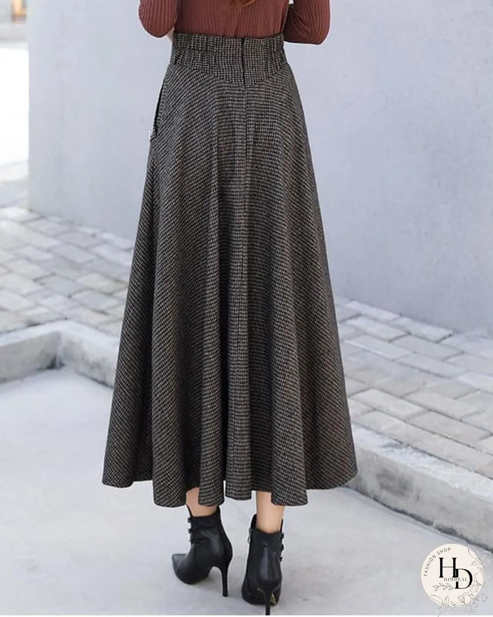 Women Woolen Elegant High Waist Plaid Skirts