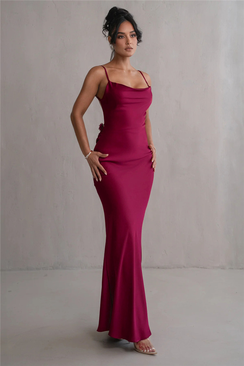 Ootddress Floral Draped Backless Maxi Long Dress For Women Fashion Spaghetti Strap Sleeveless Bodycon Evening Party Dress Elegant