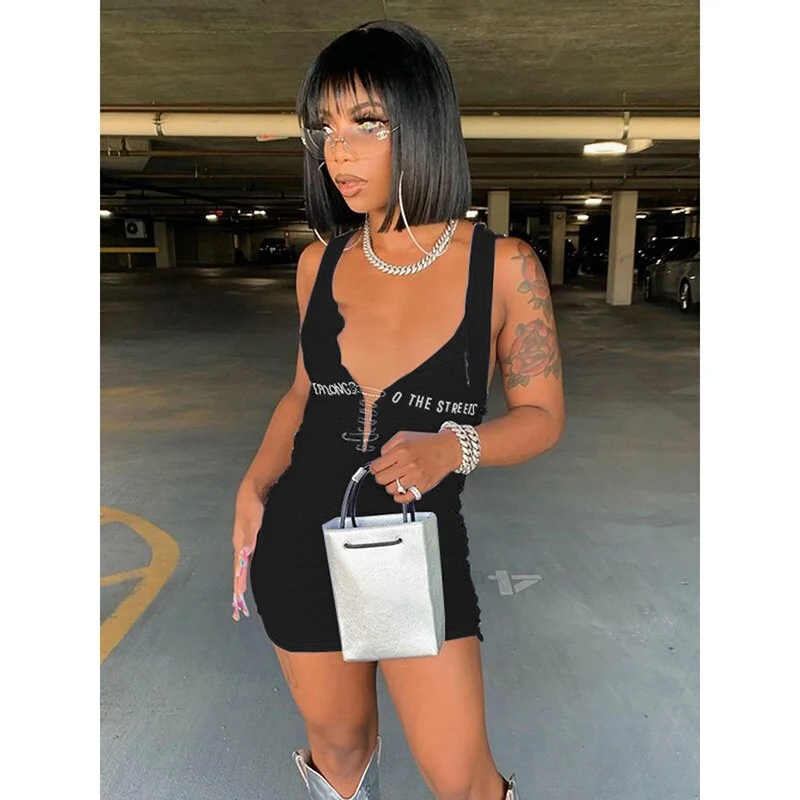 Hugcitar 2021 Sleeveless  Mini Dress Patchwork  With Corset Patchwork Zipper Bodycon Sexy Streetwear Casual Y2K