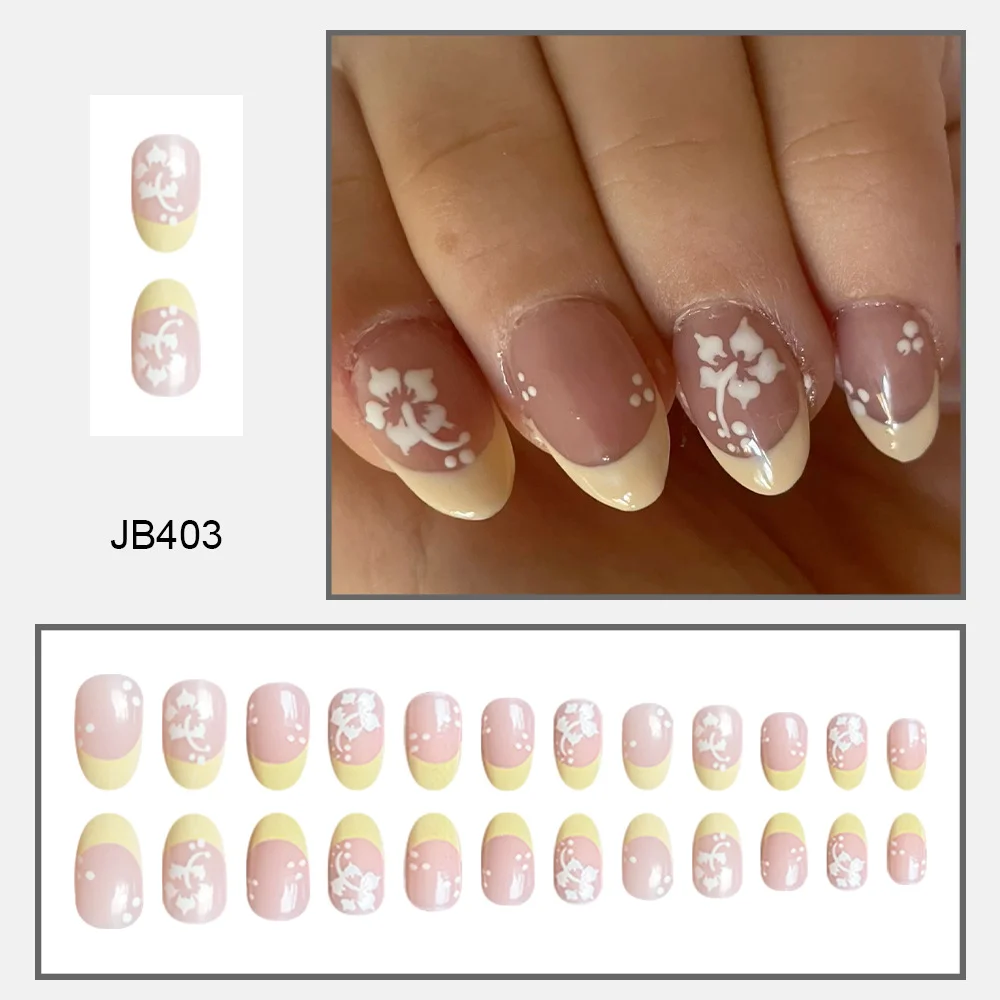Churchf Churchf Short Round Nail Yellow Flower French Fake Nails Finished Wear Nail Removable Nail