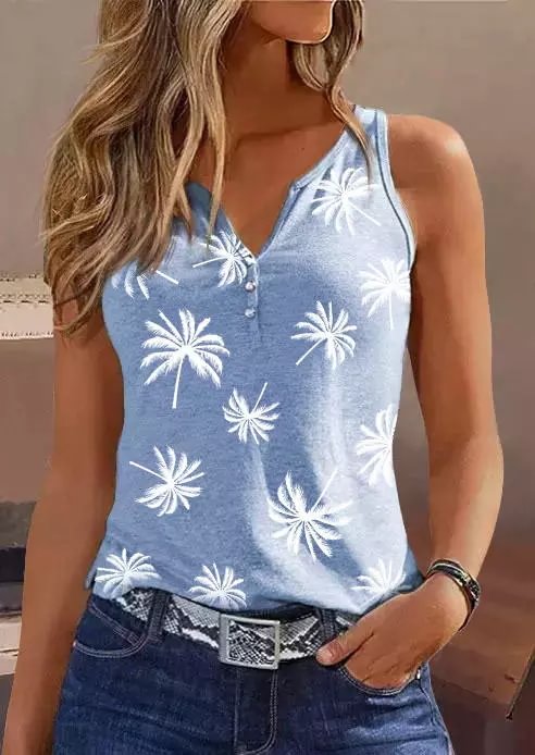 Faded Blue White Palm Tree Print Button Front Tank Top