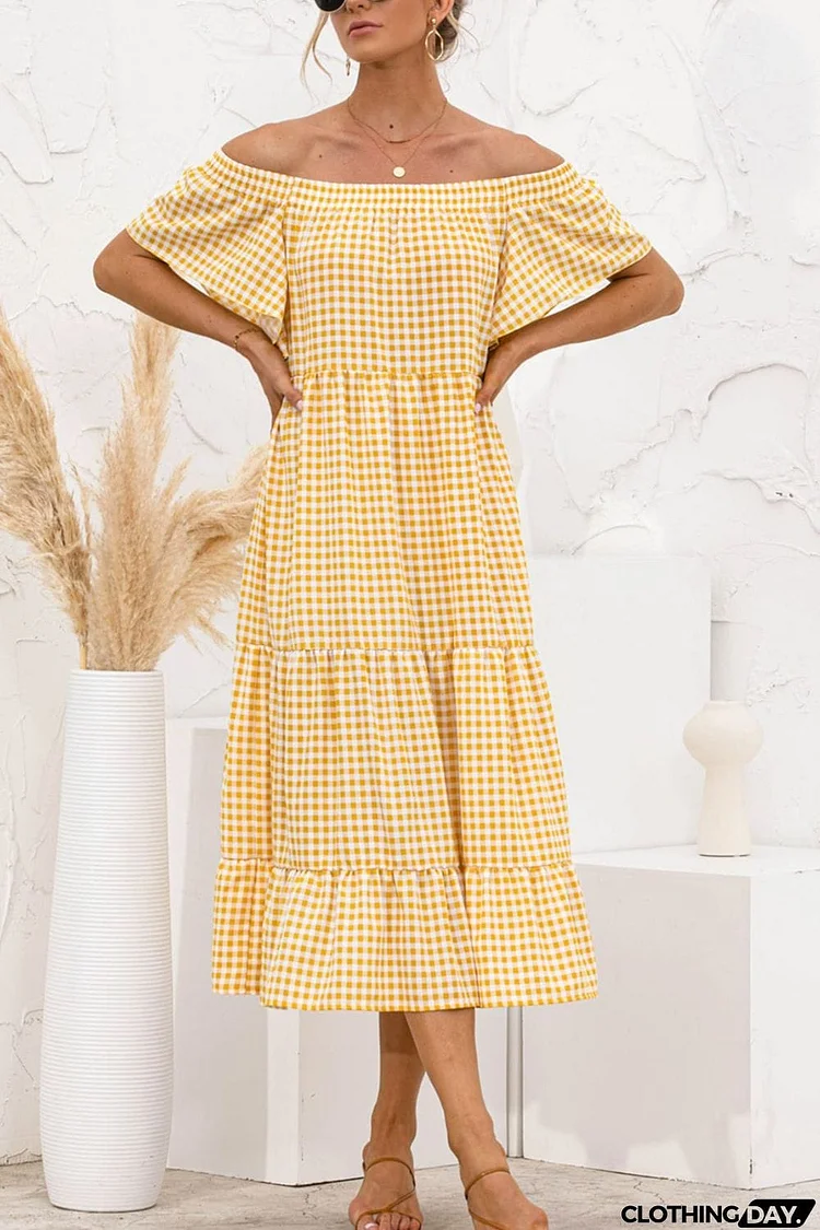 Plaid Off-Shoulder Tiered Midi Dress