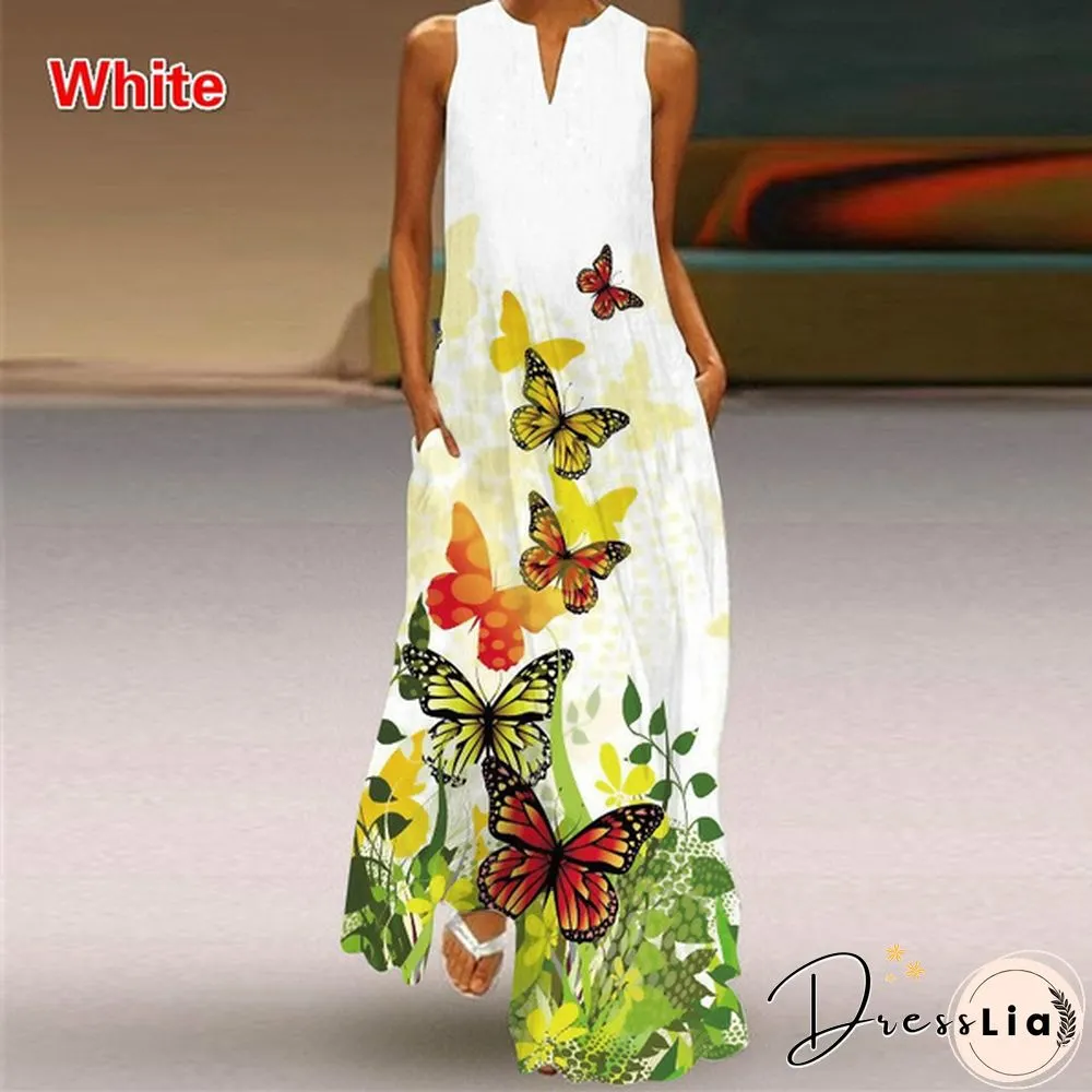 Butterfly Print Loose Beach Maxi Dress Summer Womens Fashion Sleeveless V-neck Boho Dress
