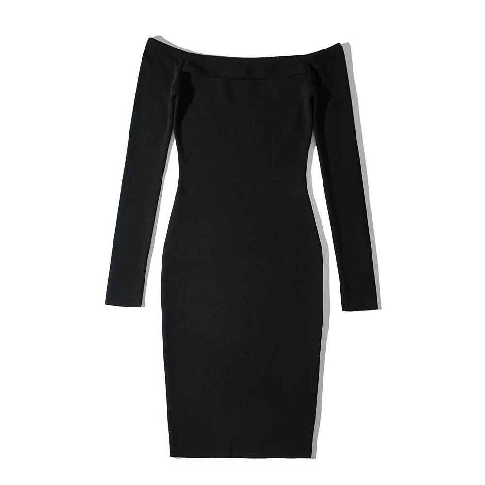 Women&#39;s Sexy knitted  off shoulder Cut Out Bodycon Solid Slim Dress  Knee Length Long Sleeve Backless Casual Pencil Dresses