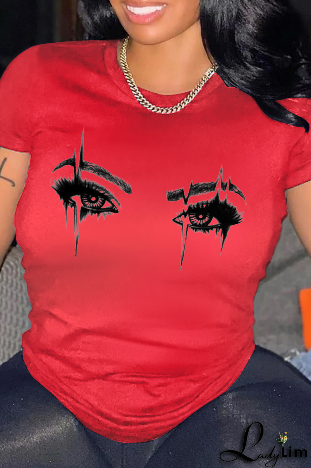 Orange Casual Daily Eyes Printed Patchwork O Neck T-Shirts